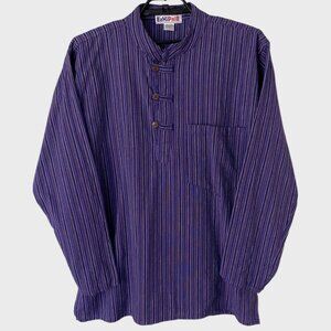 EzHippie Retro Striped Grandad Collared Shirt Purple Men's Size XXL 100% Cotton